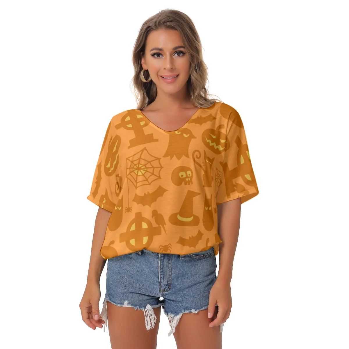 Halloween Design Women's Bat Sleeves V-Neck Blouse