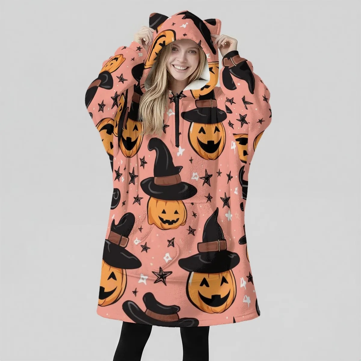 Halloween Design Fleece Oversized Hoodie Blanket For Women
