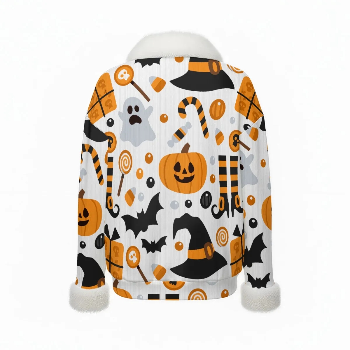 Halloween - Women's Faux Knit V-Neck Sweater with Fur Trim - Image 2