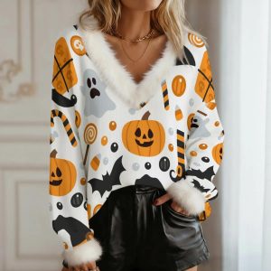 Halloween - Women's Faux Knit V-Neck Sweater with Fur Trim