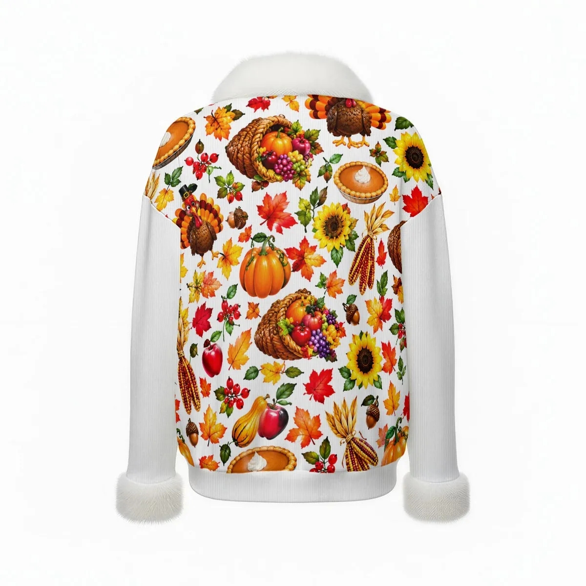 Thanksgiving - Women's Faux Knit V-Neck Sweater with Fur Trim - Image 3