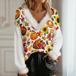 Thanksgiving - Women's Faux Knit V-Neck Sweater with Fur Trim