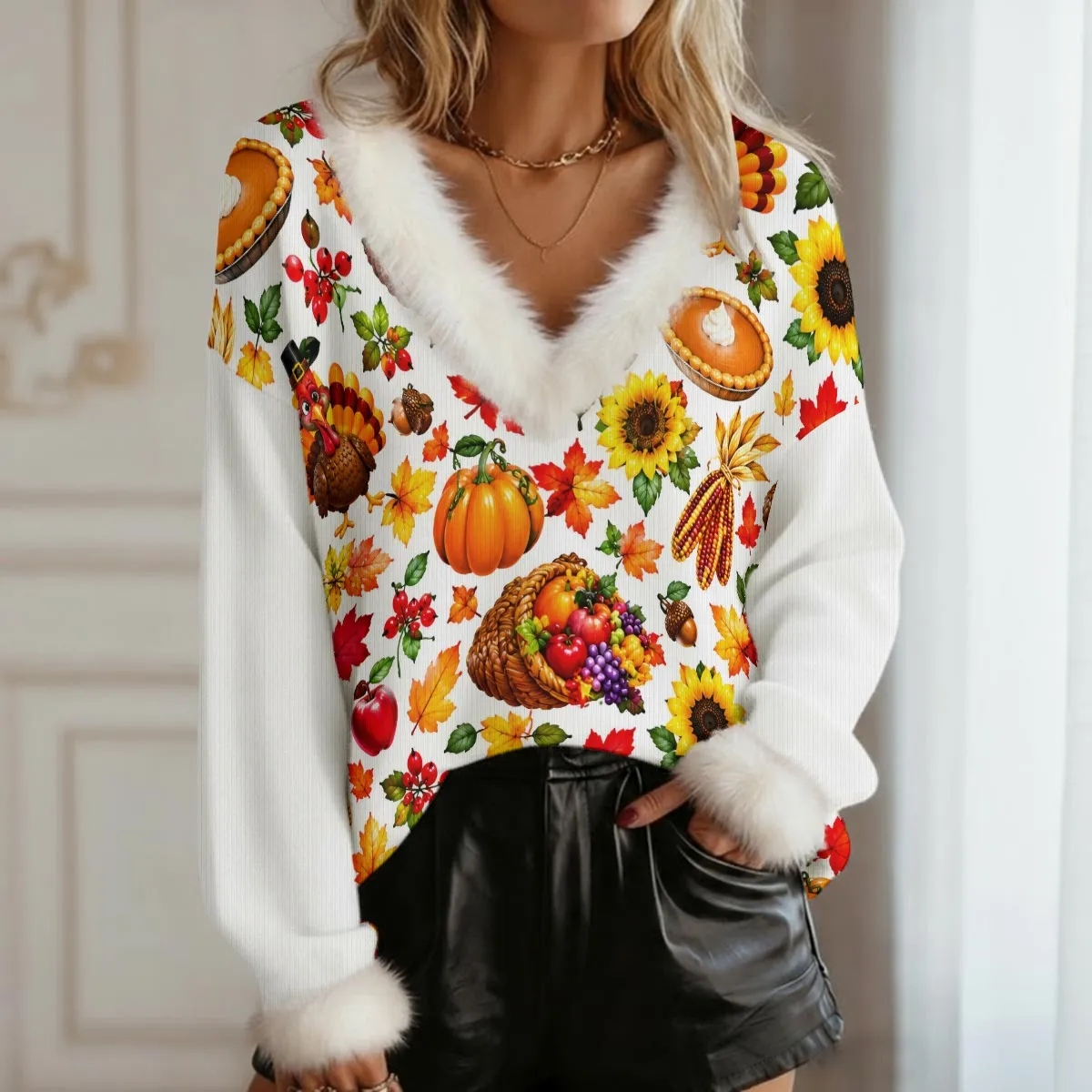 Thanksgiving - Women's Faux Knit V-Neck Sweater with Fur Trim