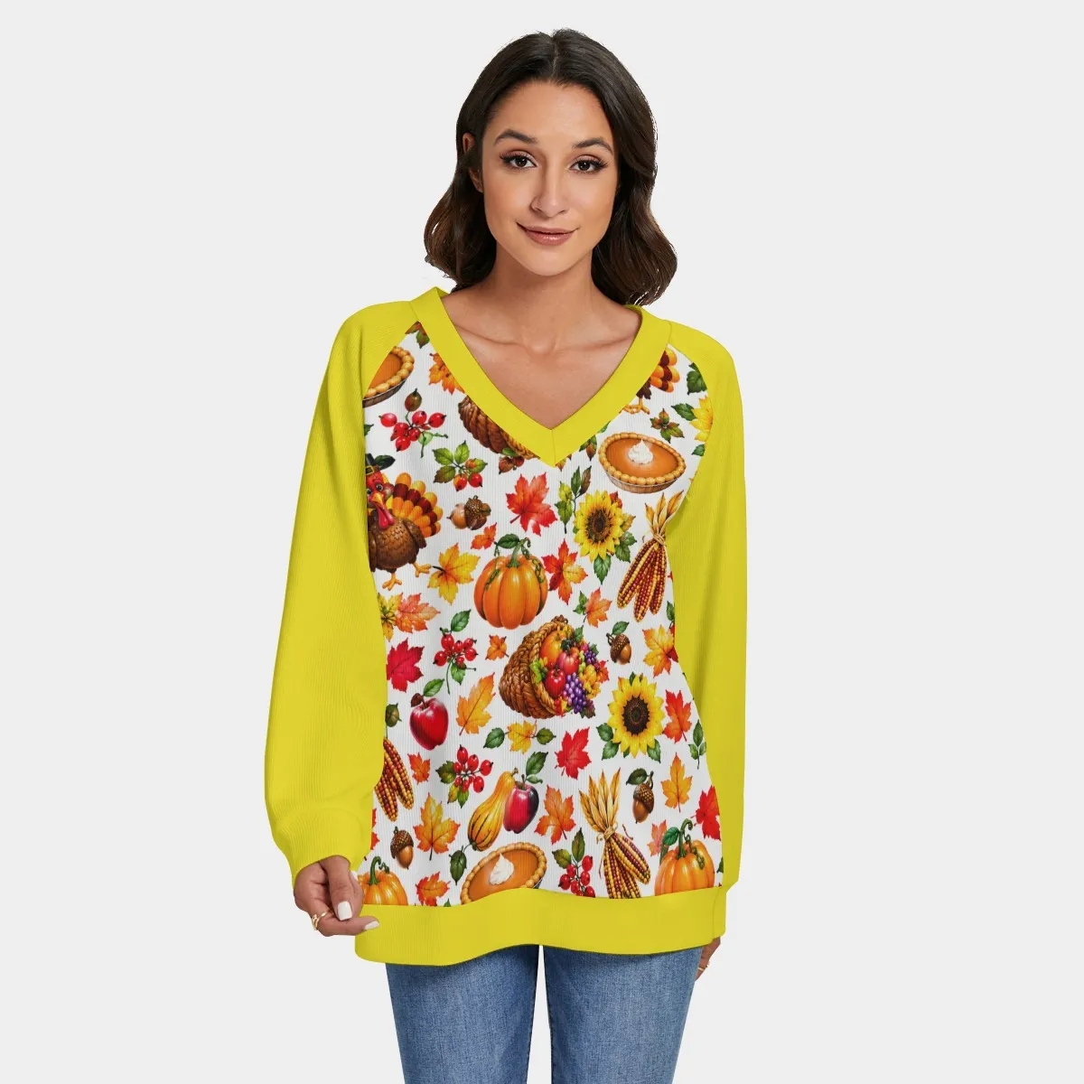 Thanksgiving Design Women's V-Neck Knitted Sweater